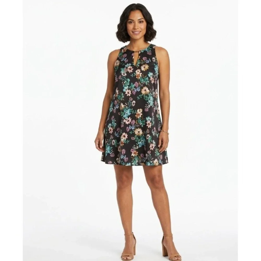 New Lavender Brown Black Floral Sonna 100% Silk Key Hole  Print Dress Medium‎